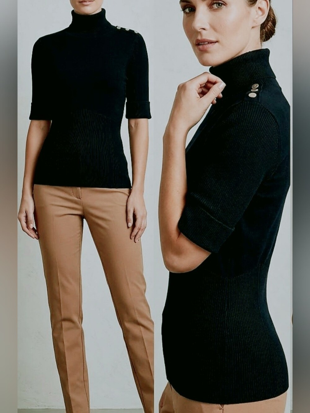 White House Black Market Short-Sleeve Turtleneck Sweater Shoulder Buttons S/M